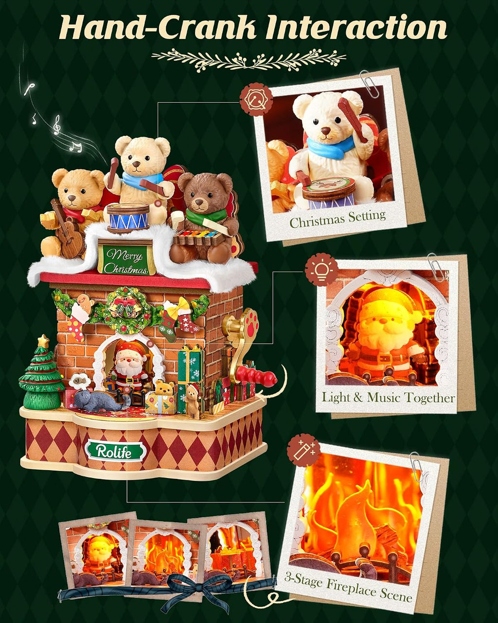 Rolife Kit de casa en miniatura de Navidad, caja de música, decoración de