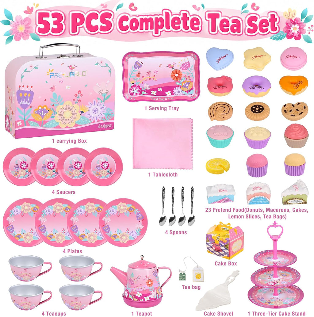 Juego de fiesta de té para niños de 3 a 5 años, PRE-WORLD juego de té musical para niñas pequeñas con postres, galletas, donas, pastel, soporte para pastel, mantel y estuche de transporte, juguetes de