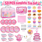 Juego de fiesta de té para niños de 3 a 5 años, PRE-WORLD juego de té musical para niñas pequeñas con postres, galletas, donas, pastel, soporte para pastel, mantel y estuche de transporte, juguetes de