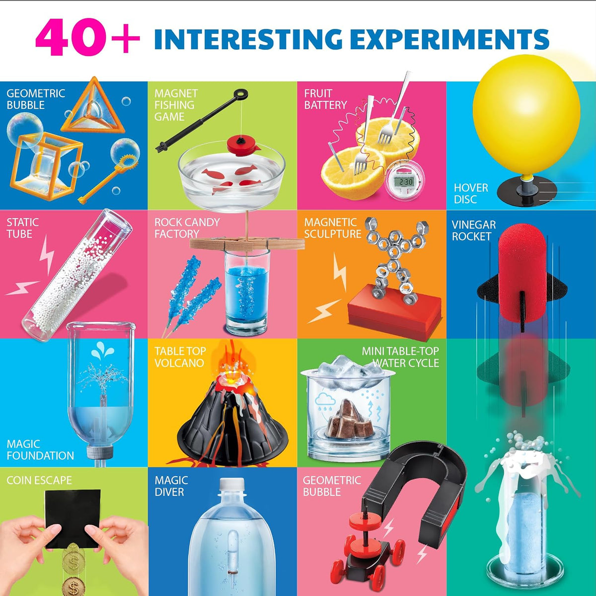 4M Kit de descubrimiento científico para niños de 8 a 12 años – Más de 50 experimentos STEM en física, química, magnetismo y ciencia de burbujas, construye un reloj de limón, volcán, corredor