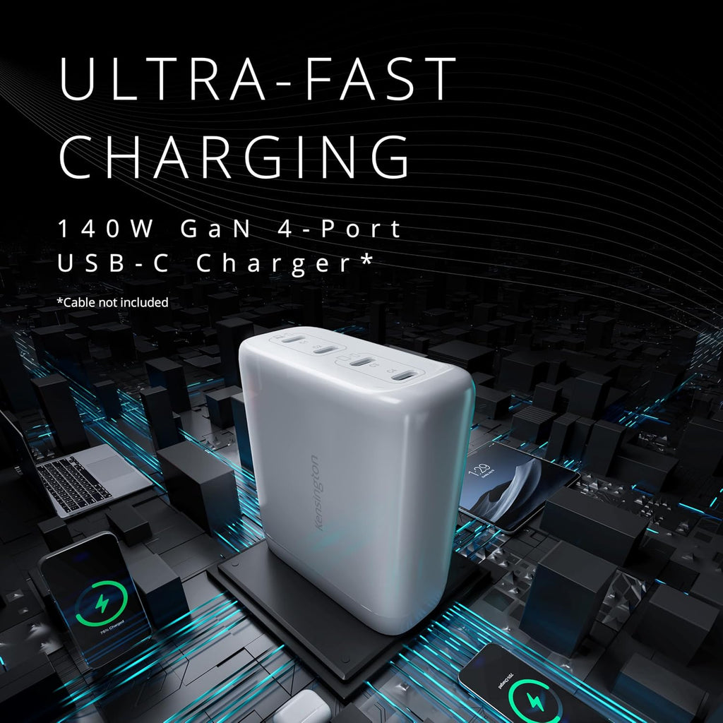 Kensington Adaptador de corriente USB-C GaN, cargador rápido con entrega de energía para portátiles, tabletas y teléfonos inteligentes, Blanco