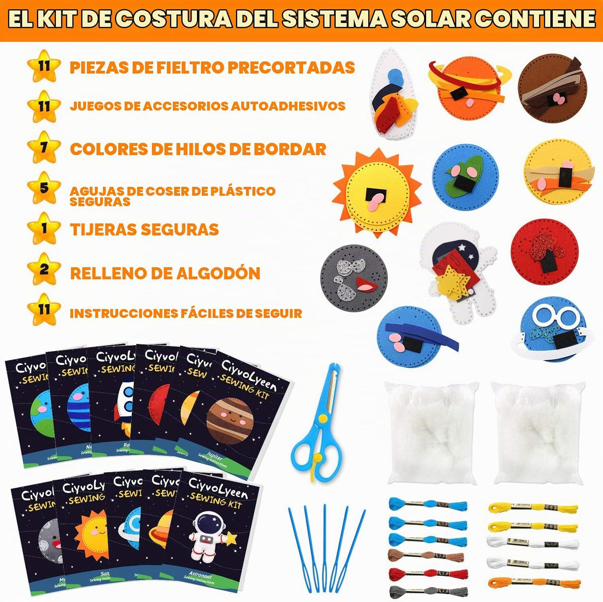 CiyvoLyeen Kit de costura espacial para niños, sistema solar, actividades de bricolaje para niños, suministros de manualidades de fieltro para 7, 8, 9, 10, 11, 12, niñas y niños, juego de costura educativo para principiantes, juego de 11