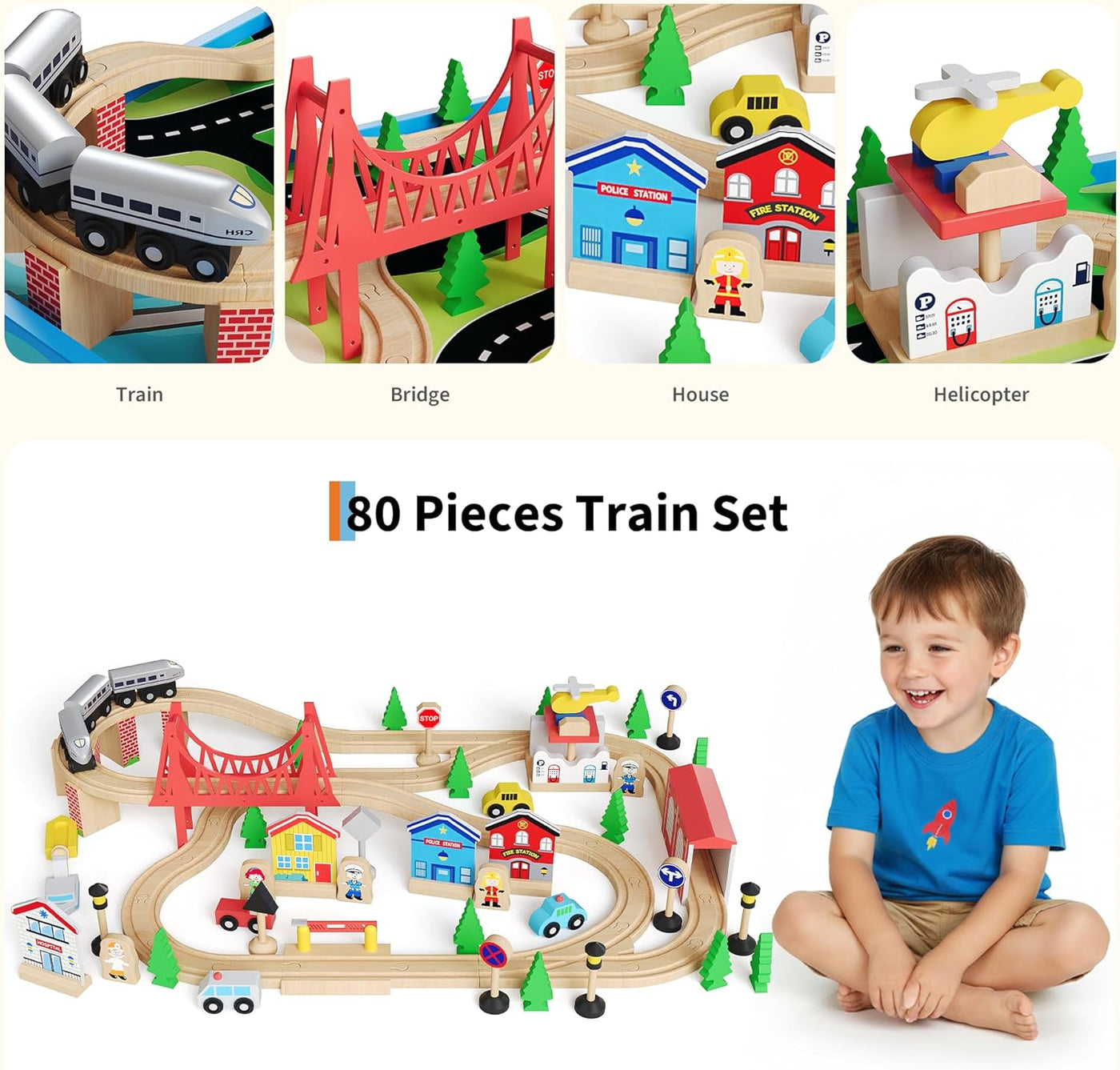Mesa de tren 80 piezas de madera para niños con mesa