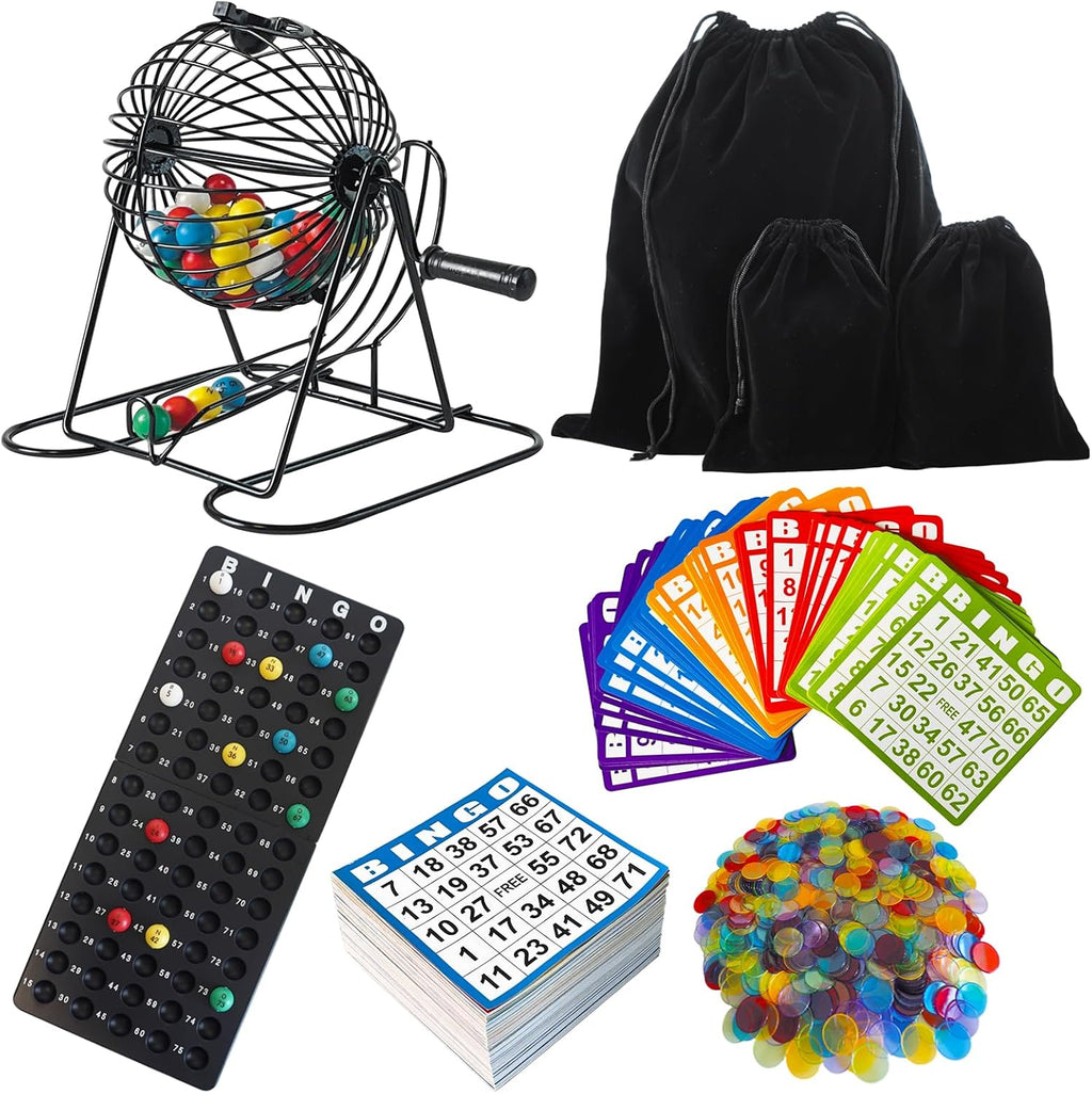 SEETOOOGAMES Juego de bingo de lujo, jaula de metal, 50 tarjetas de bingo, 500 hojas de papel, 500 fichas, 75 bolas, tablero maestro de plástico, ideal para grupos grandes, juegos familiares, noches de fiestas (jaula redonda)