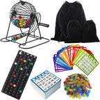 SEETOOOGAMES Juego de bingo de lujo, jaula de metal, 50 tarjetas de bingo, 500 hojas de papel, 500 fichas, 75 bolas, tablero maestro de plástico, ideal para grupos grandes, juegos familiares, noches de fiestas (jaula redonda)
