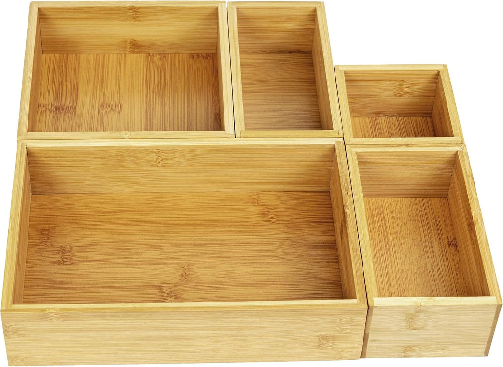 VaeFae Juego de 5 organizadores de cajones de bambú, caja organizadora de 5 tamaños, contenedores de almacenamiento para cocina, baño, oficina, dormitorio y sala de estar
