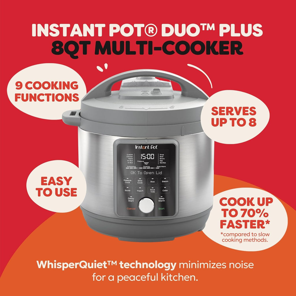 Instant Pot, olla a presión eléctrica de 8 cuartos de galón Whisper Quiet 9 en 1, arrocera de cocción lenta, vaporera, olla para saltear, máquina de yogur, calentador y esterilizador, aplicación con