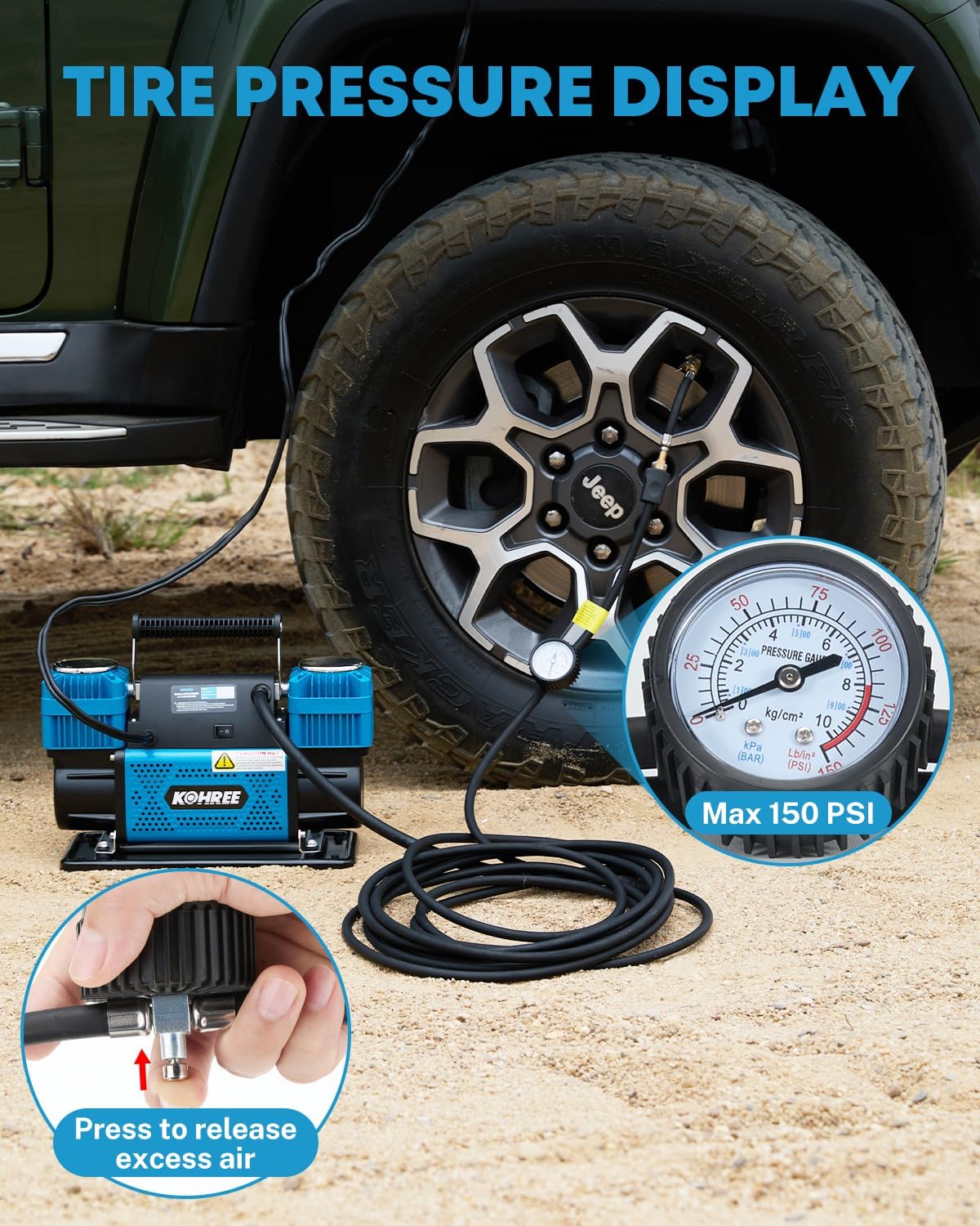 Kohree Compresor de aire de doble cilindro de 12 V, inflador rápido...