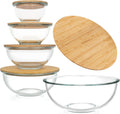 Juego apilable de 5 cuencos de vidrio anidados para ahorrar espacio con tapas de bambú para preparación de alimentos, almacenamiento, horneado, mezcla y cocina, aptos para microondas y horno