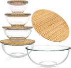 Juego apilable de 5 cuencos de vidrio anidados para ahorrar espacio con tapas de bambú para preparación de alimentos, almacenamiento, horneado, mezcla y cocina, aptos para microondas y horno