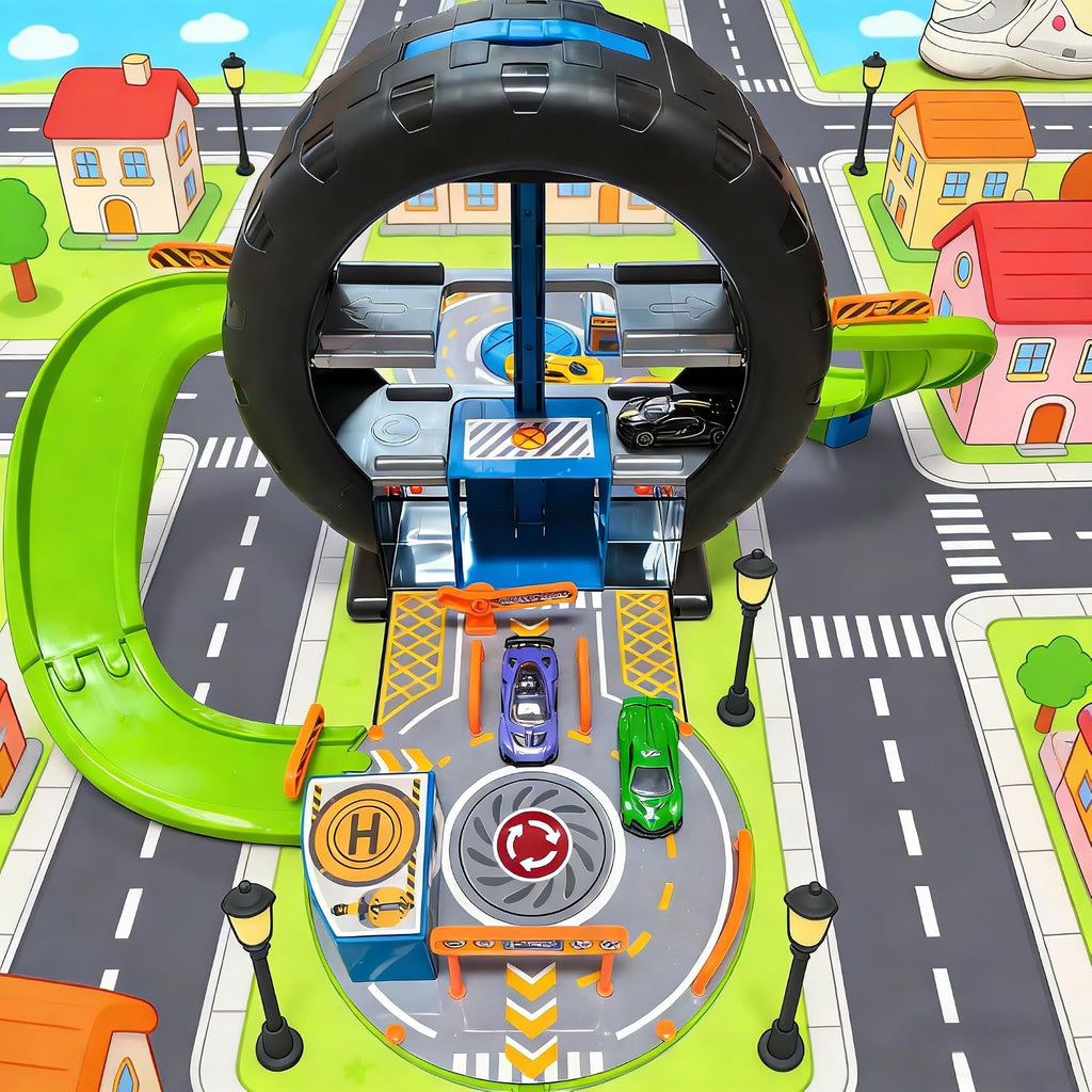 Juego de juguetes de garaje a escala 1:64, 4 autos de metal, señal de tráfico 17, estacionamiento, estación de servicio, estación de mantenimiento, rampas desmontables, ideal para jugar en