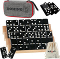 KAILE Juego de dominó doble jumbo de 6 con estuche portátil y 4 estantes de madera | 28 azulejos grandes para adultos y familias | Juegos de viaje y mesa para 2-4 jugadores