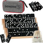 KAILE Juego de dominó doble jumbo de 6 con estuche portátil y 4 estantes de madera | 28 azulejos grandes para adultos y familias | Juegos de viaje y mesa para 2-4 jugadores