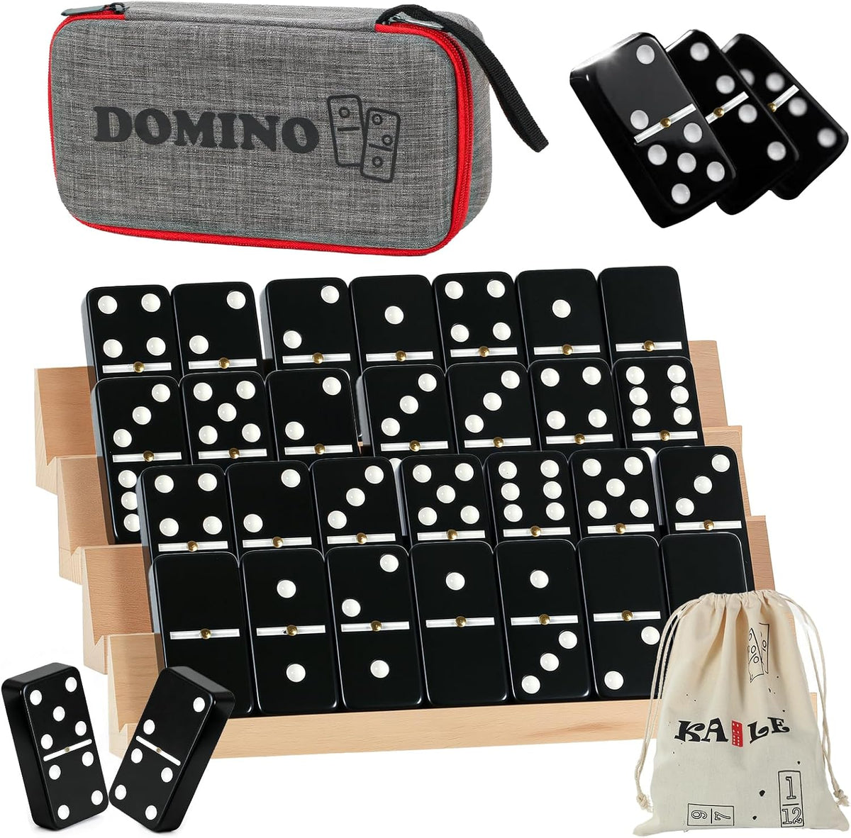 KAILE Juego de dominó doble jumbo de 6 con estuche portátil y 4 estantes de madera | 28 azulejos grandes para adultos y familias | Juegos de viaje y mesa para 2-4 jugadores