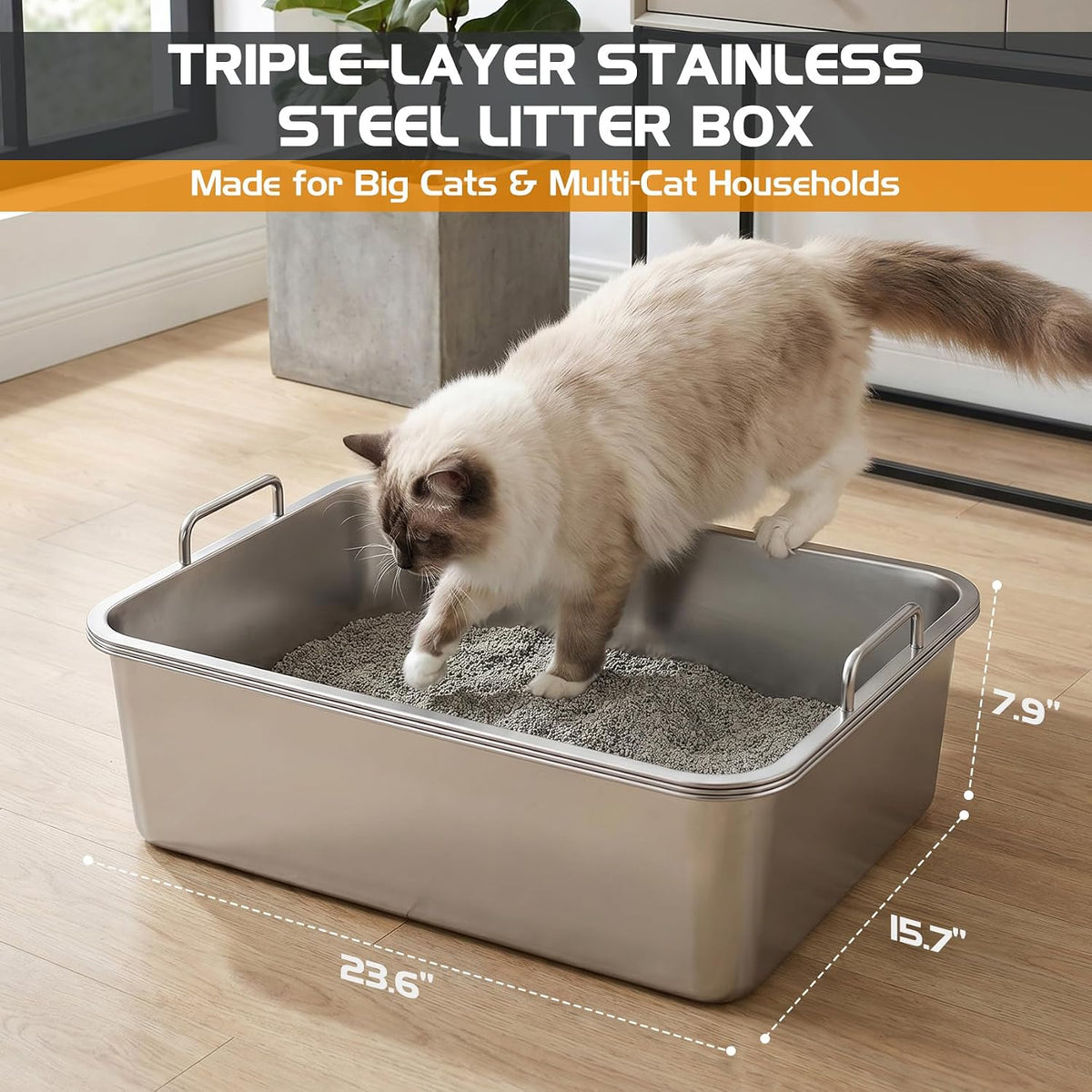 Caja de arena para gatos de acero inoxidable de 3 niveles, bandeja triple extra grande con asas dobles, bandeja de arena de metal antiadherente para aglutinar arena para gatos