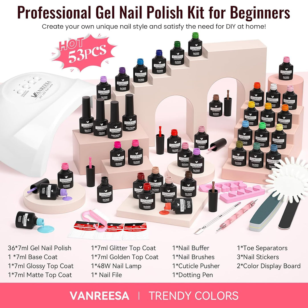 VANREESA Kit de esmalte de uñas de gel con luz UV, 53 piezas, juego...