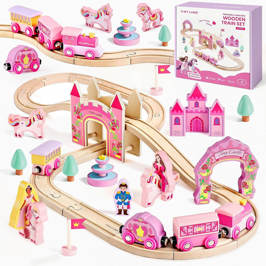 Tiny Land Juego de tren de madera para niñas, juego de tren de princesa