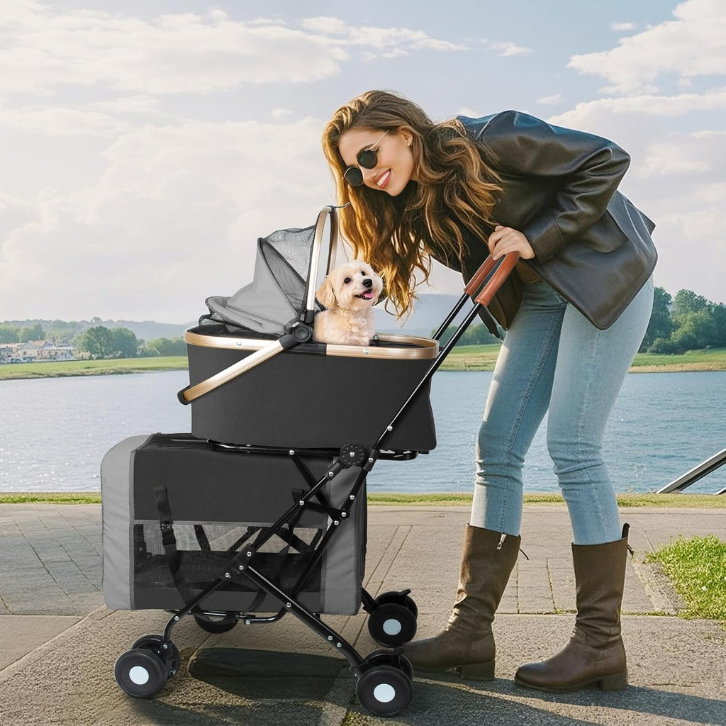 Doble carriola para mascotas para perros y gatos: Carriola plegable de viaje con portamascotas desmontables, cinturones de seguridad y 4 ruedas con candado para mascotas pequeñas a medianas – Ideal
