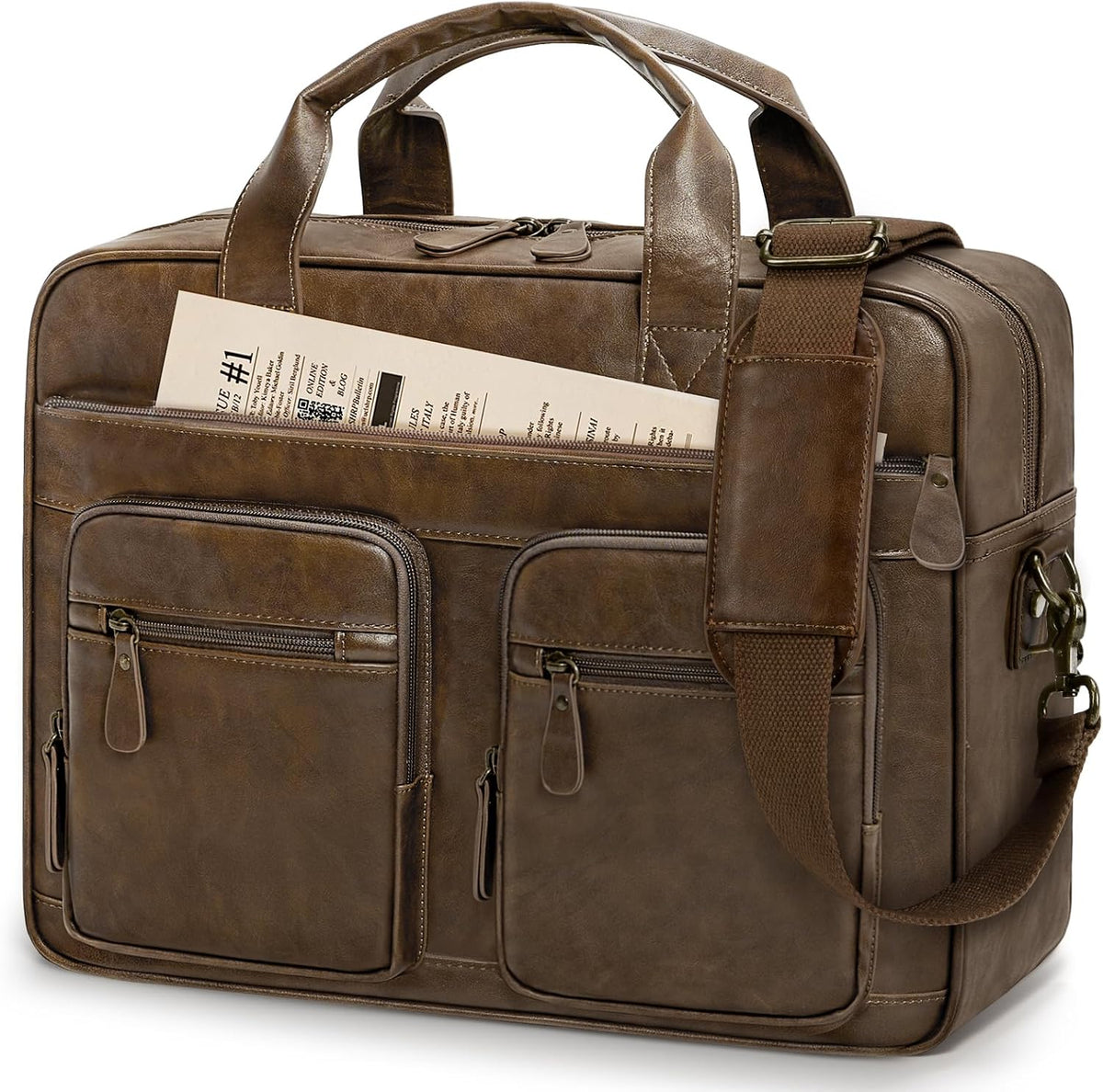 RAINSMORE Bolsa de mensajero vintage para hombre, de piel sintética, de piel vegana, para computadora portátil, 15.6 pulgadas, impermeable, maletín retro para hombre, maletín retro para hombre, para trabajo, oficina, negocios, viajes, color marrón