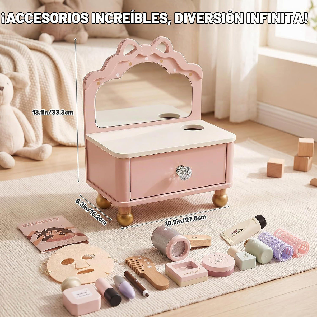 Juego de tocador de madera, kit de maquillaje para niños y niñas
