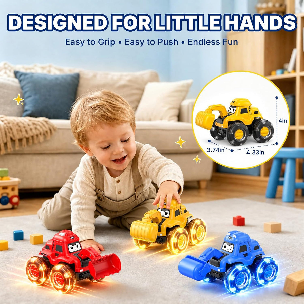 Vehículos de Construcción Iluminados para Niños de 2-5 Años, Juego de 3 Coches a Fricción