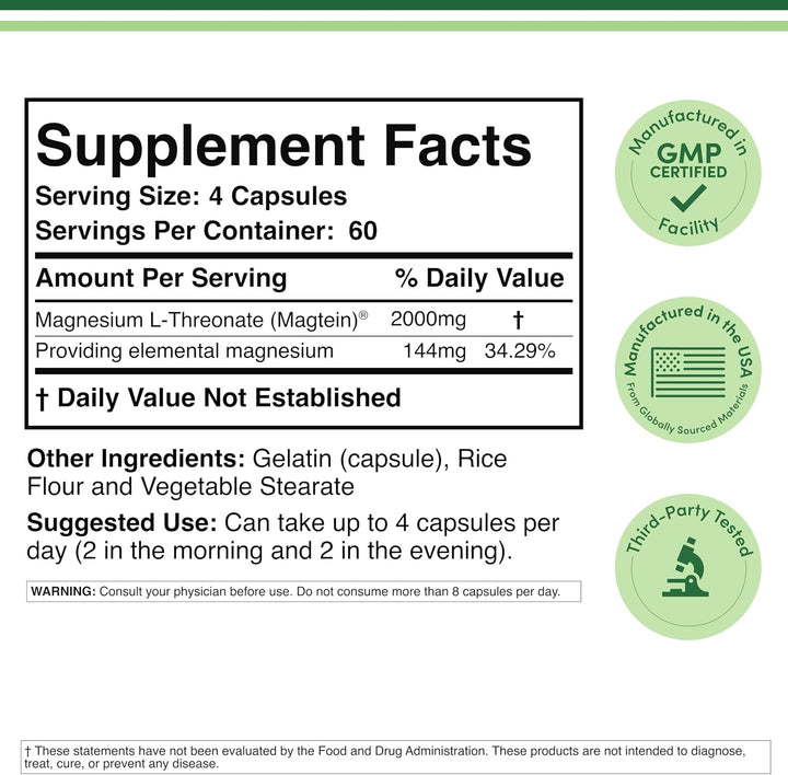 Magnesium L Threonate, Magteína 240 cápsulas \u2013 2,000 mg por po...