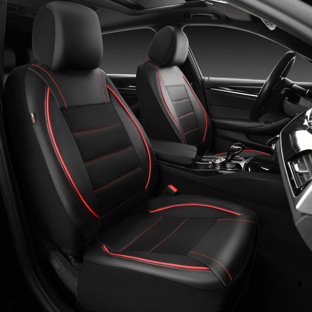 CAR PASS Fundas de cuero con ribetes de ajuste universal, dos fundas de asiento delantero, piel sintética impermeable para SUV, sedán, camioneta, camión, compatible con bolsas de aire, orificios de