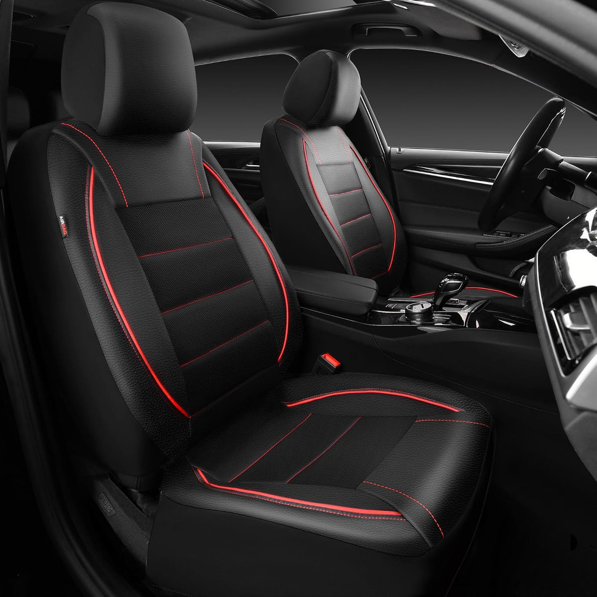 CAR PASS Fundas de cuero con ribetes de ajuste universal, dos fundas de asiento delantero, piel sintética impermeable para SUV, sedán, camioneta, camión, compatible con bolsas de aire, orificios de