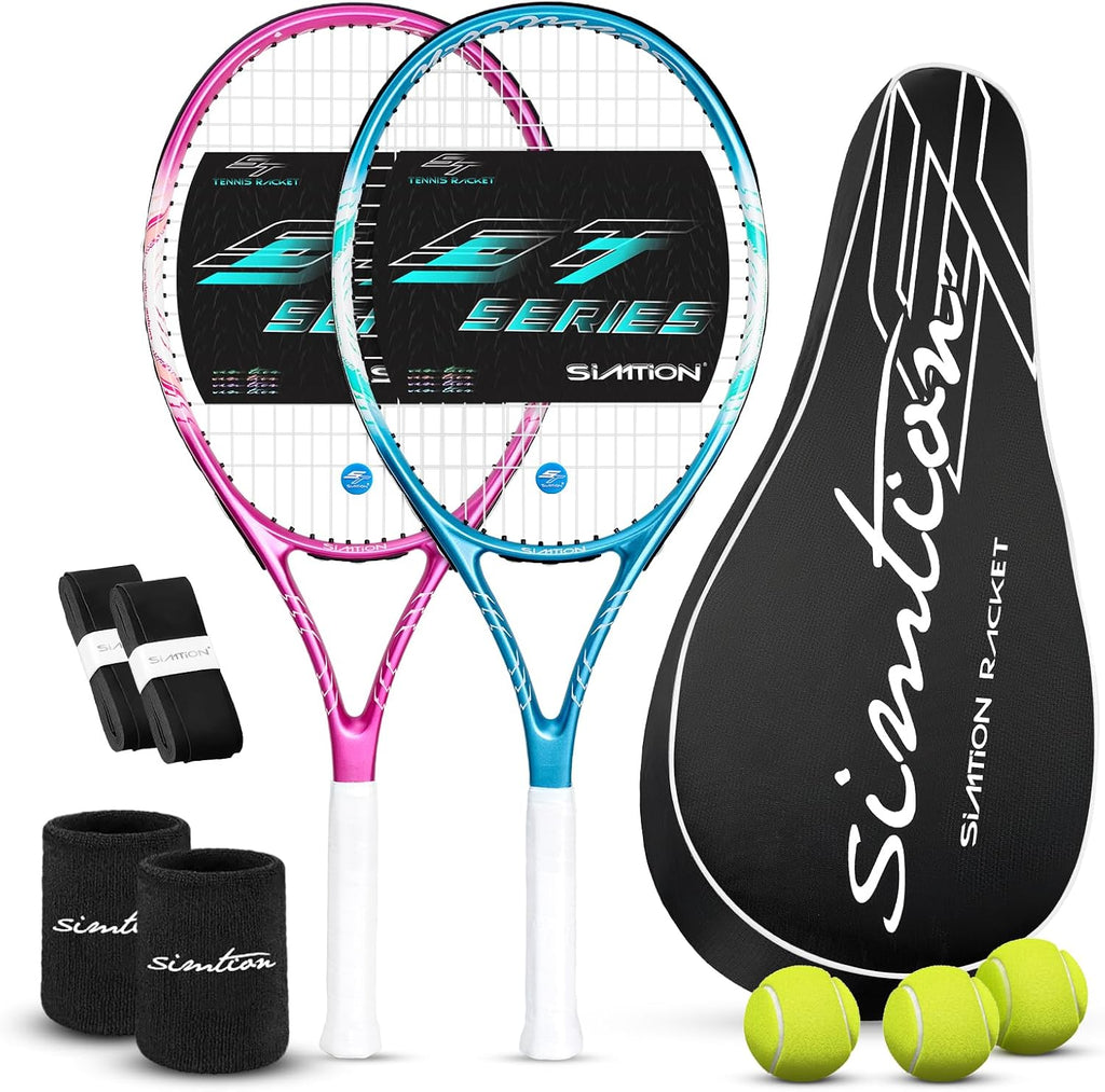 Juego de raquetas de tenis de 27 pulgadas, raquetas de tenis preencordadas para 2 jugadores para adultos, 2 cintas de sobreagarre, 3 pelotas, 2 pulseras y bolsa de transporte, para
