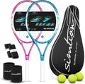 Juego de raquetas de tenis de 27 pulgadas, raquetas de tenis preencordadas para 2 jugadores para adultos, 2 cintas de sobreagarre, 3 pelotas, 2 pulseras y bolsa de transporte, para