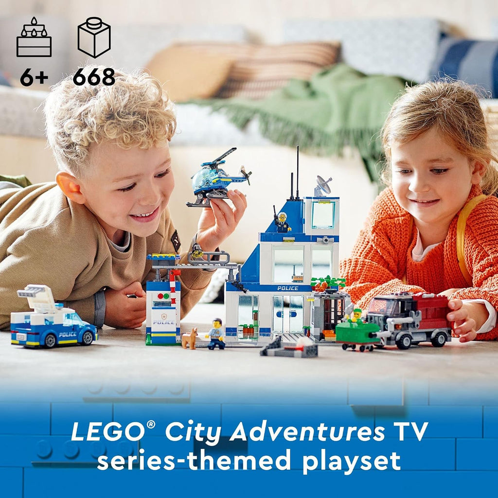LEGO Estación de policía de la ciudad con furgoneta, camión de basura y juguete de helicóptero 60316, regalos para niños de 6 años de edad, niños y niñas con 5 minifiguras y juguete para perros