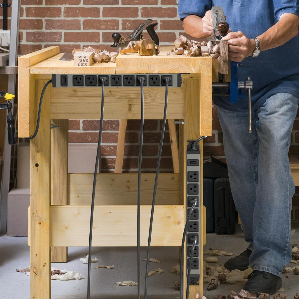 Regleta de alimentación resistente para montaje en pared, protector de sobretensiones de 20 amperios 1200J de metal, 8 salidas debajo del escritorio, 20A, toma de mesa eléctrica de garaje, enchufes industriales 6-20R ranura en T, cable de extensión de 10