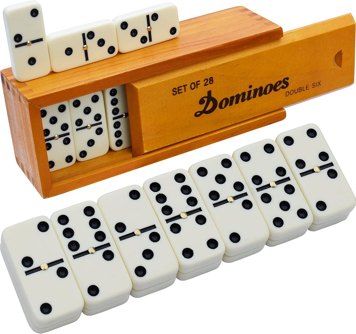 Queensell Juego de dominó para adultos, juego de dominó doble de 6 con 28 azulejos en estuche de madera, dominó clásico, juego de mesa familiar para niños y adultos, juego de viaje para noche de