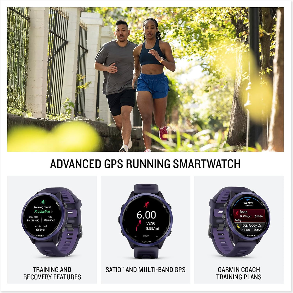 Garmin Forerunner 570 - Reloj inteligente para correr, WiFi de 1.722 pulgadas, reloj de fitness con GPS para hombres y mujeres, aluminio índigo con banda translúcida imperial púrpura/índigo + monitor