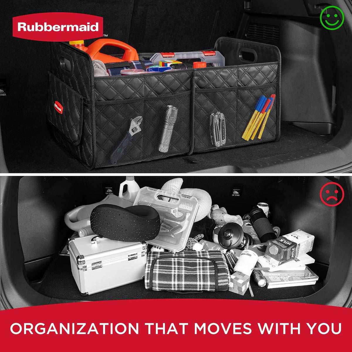 Rubbermaid Organizador de maletero para SUV, organizador plegable para automóvil con 2 compartimentos, contenedor de almacenamiento plegable para maletero, automóviles, SUV, camiones y sedanes, 24.01