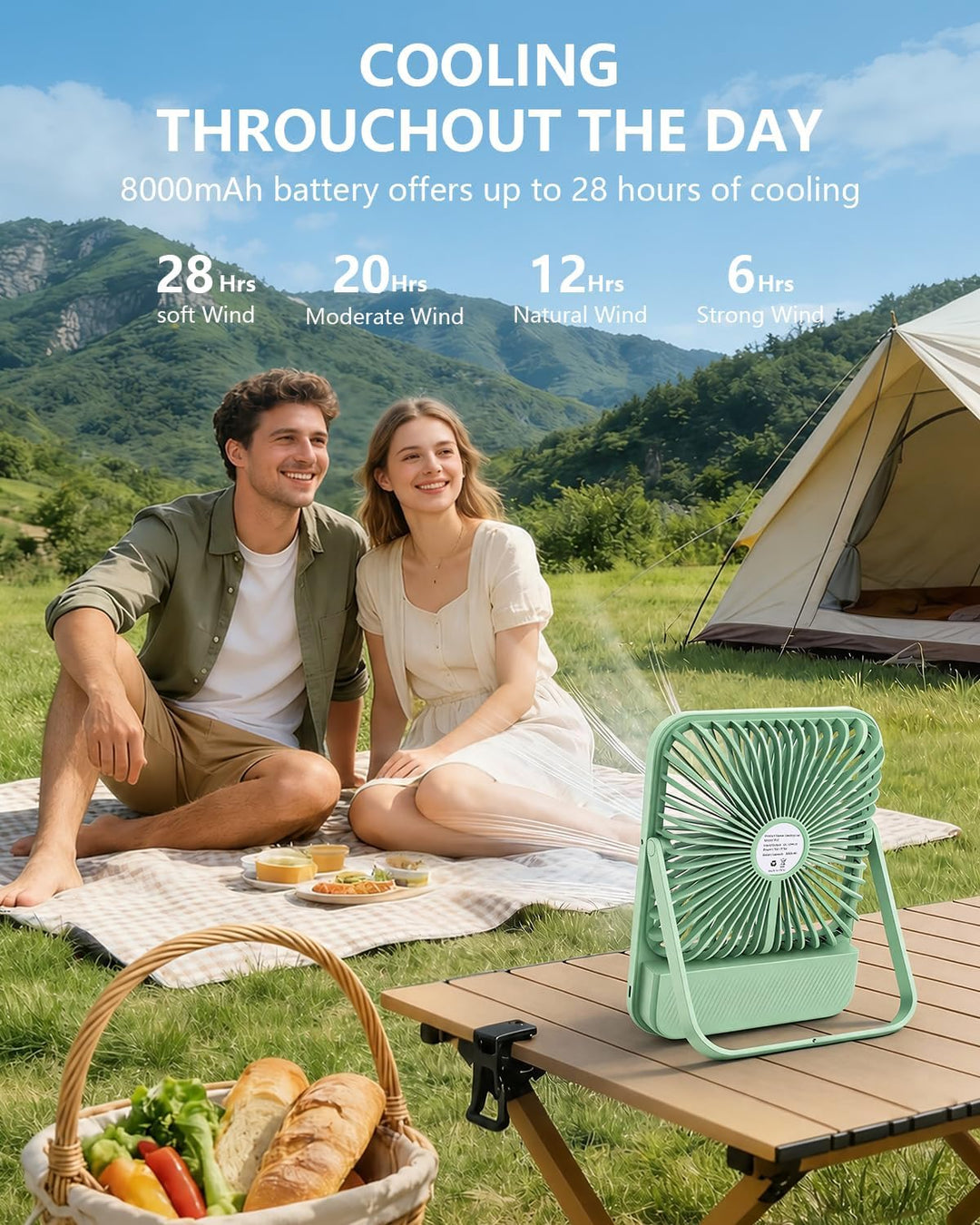 BIVBTP Ventilador de viaje portátil ultrafino de 8000 mAh con tempo...