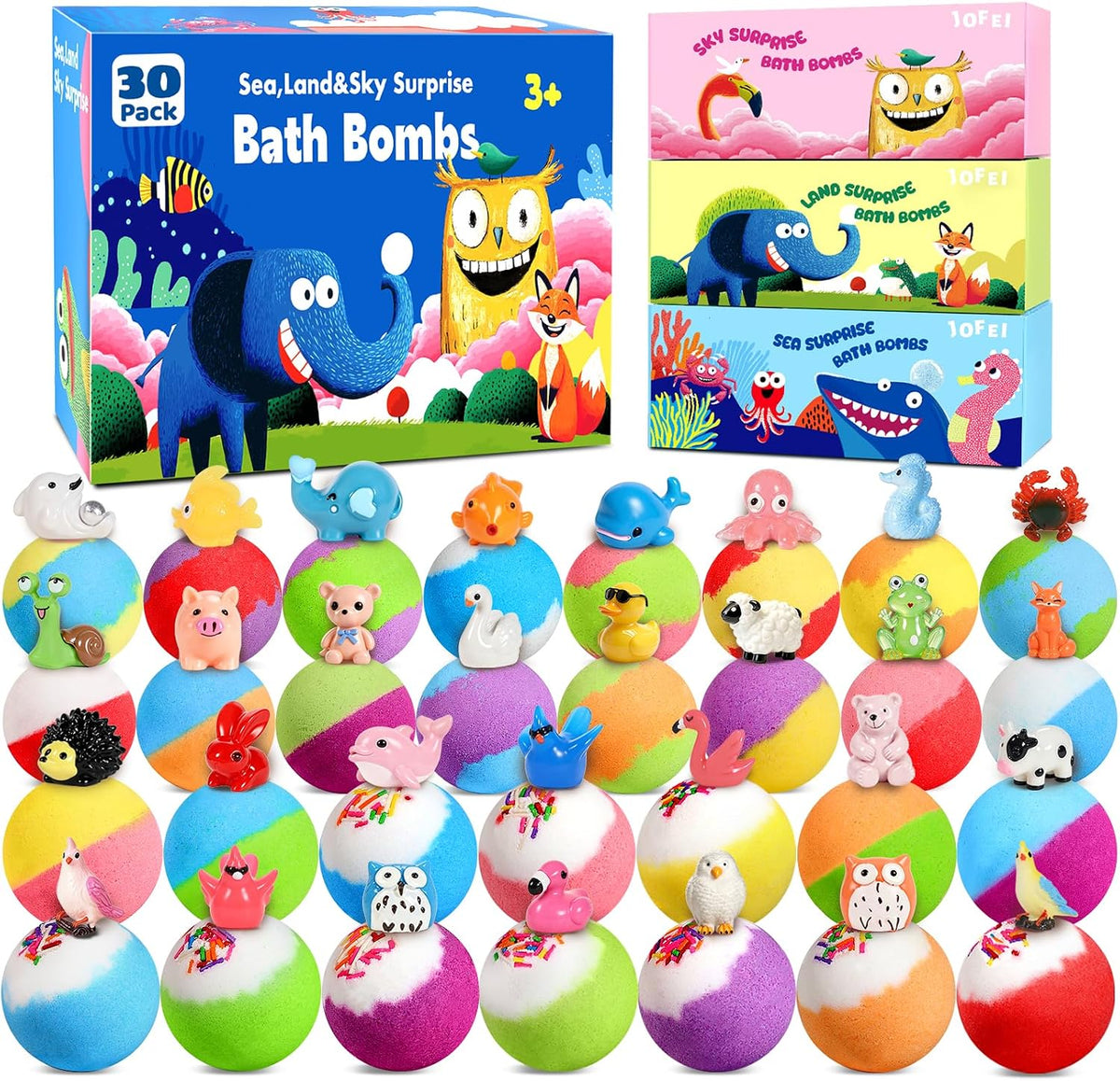 Paquete de 30 bombas de baño para niños con juguetes en el interior, juego de regalo de bombas de baño para niños con 30 juguetes sorpresa de animales marinos, tierra y cielo, rellenos de calcetines