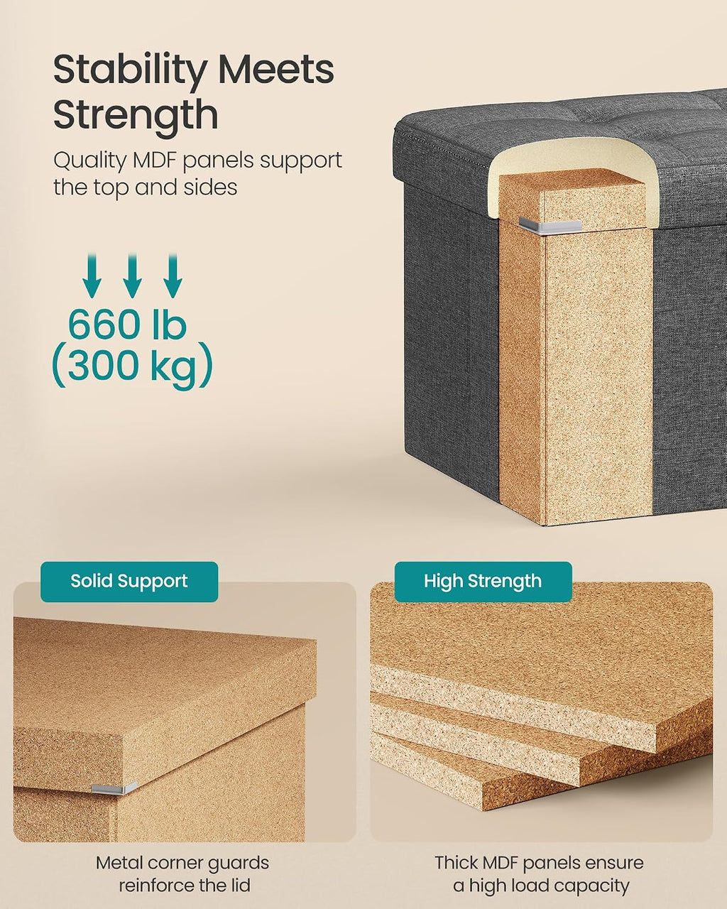 SONGMICS Colección MAZIE - Banco otomano plegable de almacenamiento de 43 pulgadas, reposapiés otomano, banco para el final de la cama, pecho de almacenamiento, carga 299 kg, para sala de estar