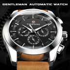 FORSINING Reloj deportivo transparente para hombre, correa de cuero genuino de lujo, reloj esqueleto mecánico automático de moda para hombre