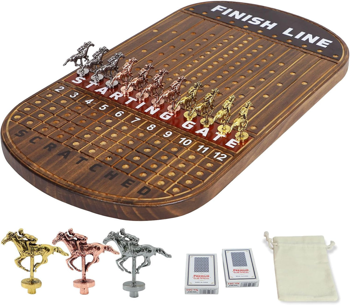 Juego de mesa de carreras de caballos, juego de carreras de madera maciza con 11 lujosos caballos de metal clásicos con 4 dados y 2 cajas de cartas, juego de carreras de caballos de línea de