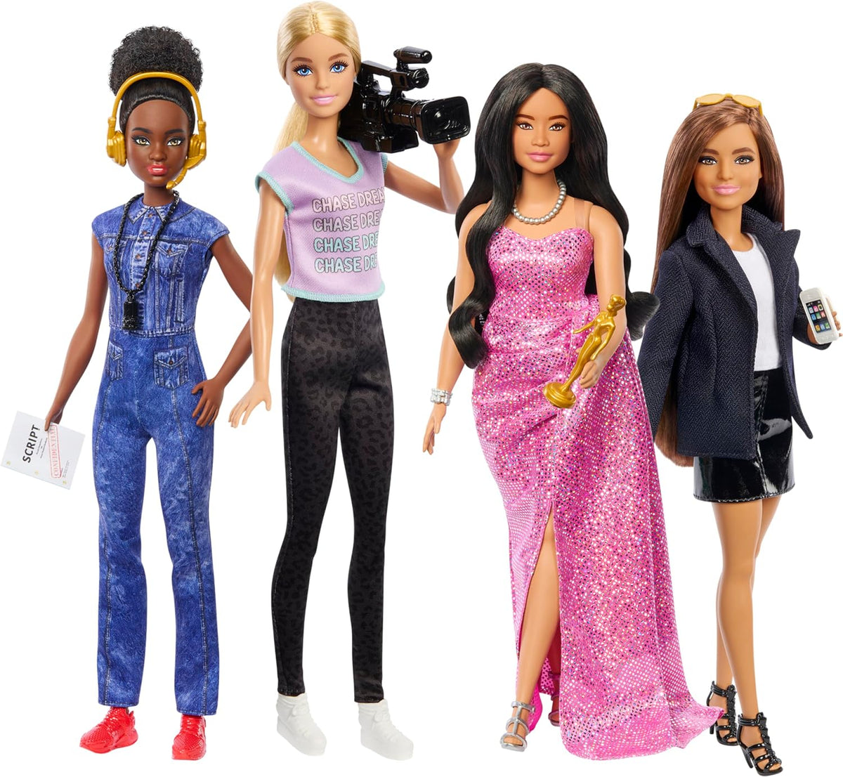 Barbie Carreras - Juego de 4 muñecas y accesorios, mujeres en cine con ejecutiva de estudio, directora, directora de fotografía y estrella de cine en apariencia extraíble