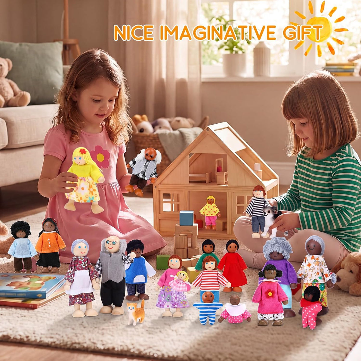 Juego familiar de casa de muñecas de madera de 20 piezas, 16 mini figuras