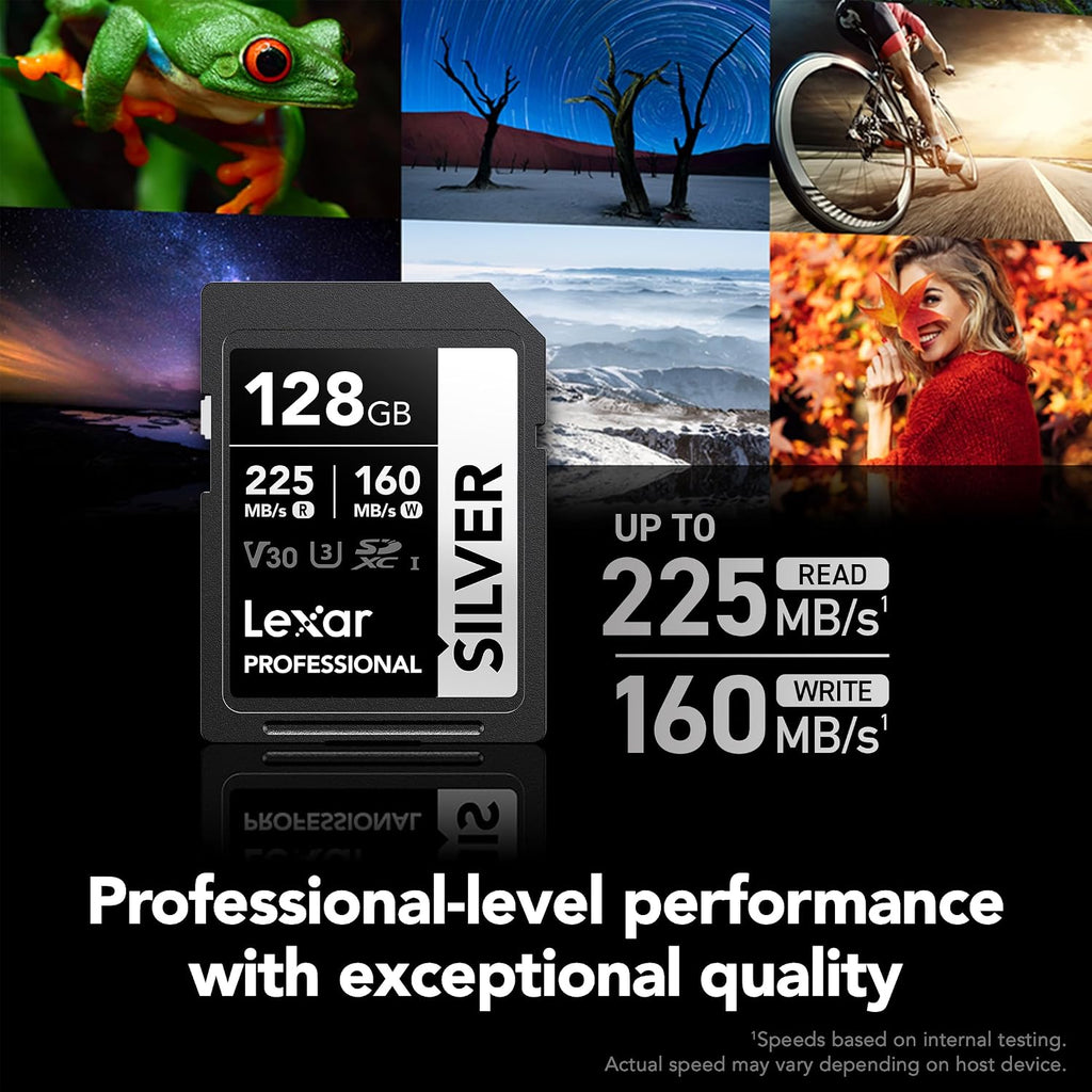 Lexar Tarjeta de memoria SD plateada de 128 GB, lectura de 225 MB/s, 4K