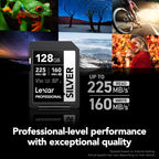 Lexar Tarjeta de memoria SD plateada de 128 GB, lectura de 225 MB/s, 4K