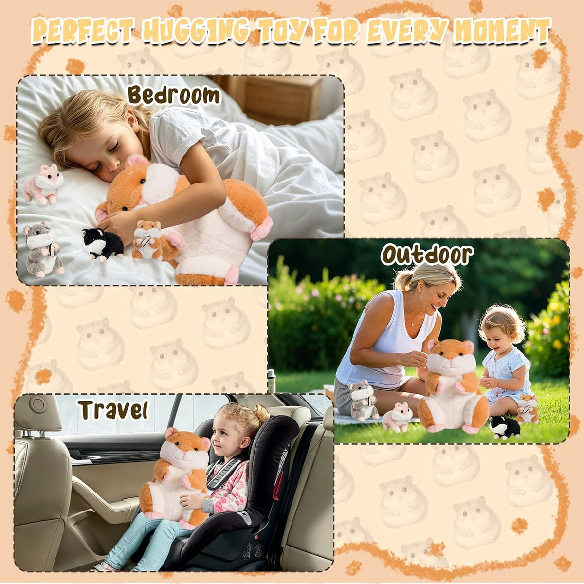 Peluche de hámster, 12'' Mamá con 4 hámsteres pequeños de colores