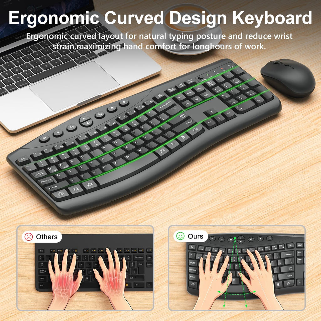 Teclado y Ratón Inalámbricos Combo, Teclas Curvadas Ergonómicas y Silenciosas (Gris Grafito)