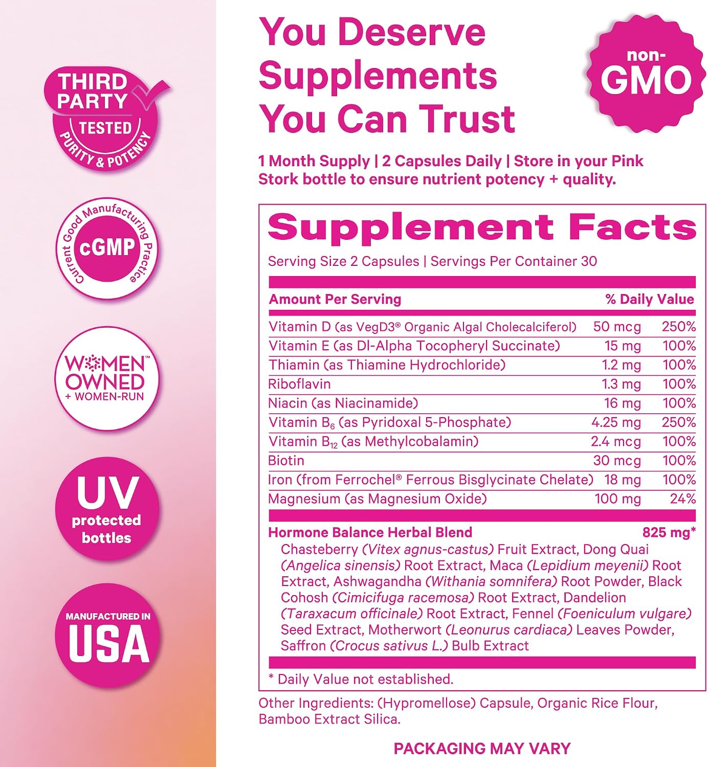 Multivitamínico de equilibrio hormonal Pink Stork para mujeres, 60...