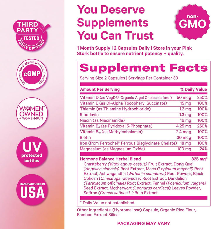 Multivitamínico de equilibrio hormonal Pink Stork para mujeres, 60...