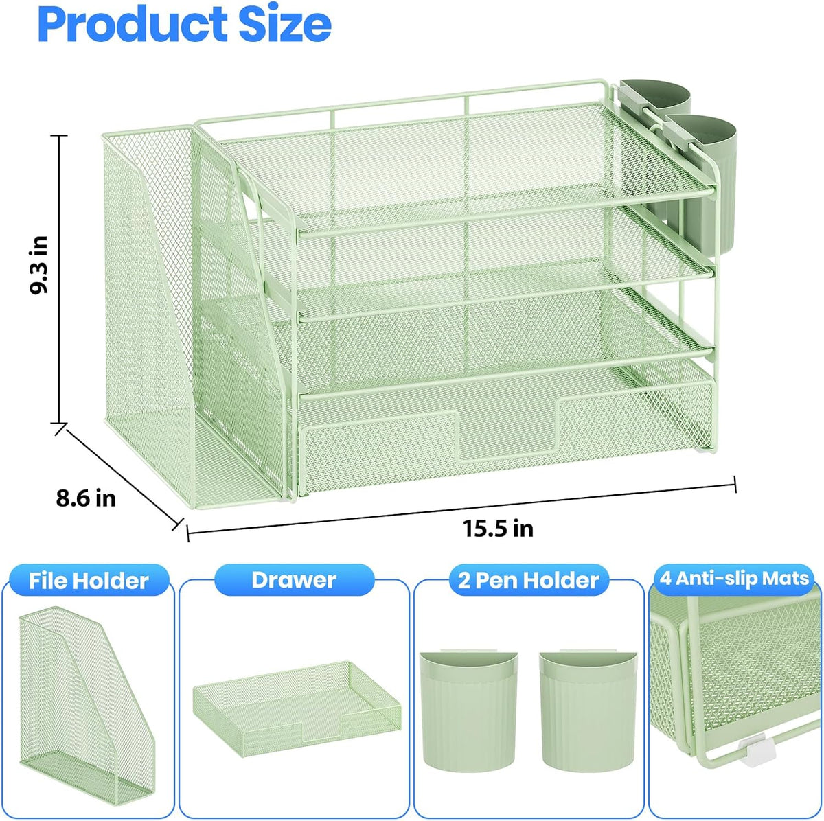 Organizador de escritorio, organizador de archivos de escritorio de 4 niveles con cajón y soportes para bolígrafos, accesorios de escritorio de oficina, clasificadores de archivos, organizadores de espacio de trabajo para suministros de oficina (verde)