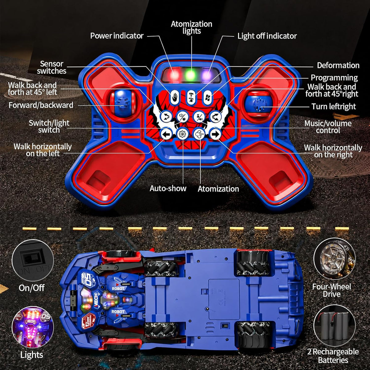 Coche RC Transformador Spider 1:10, 2.4GHz Detección por Gesto Control Remoto